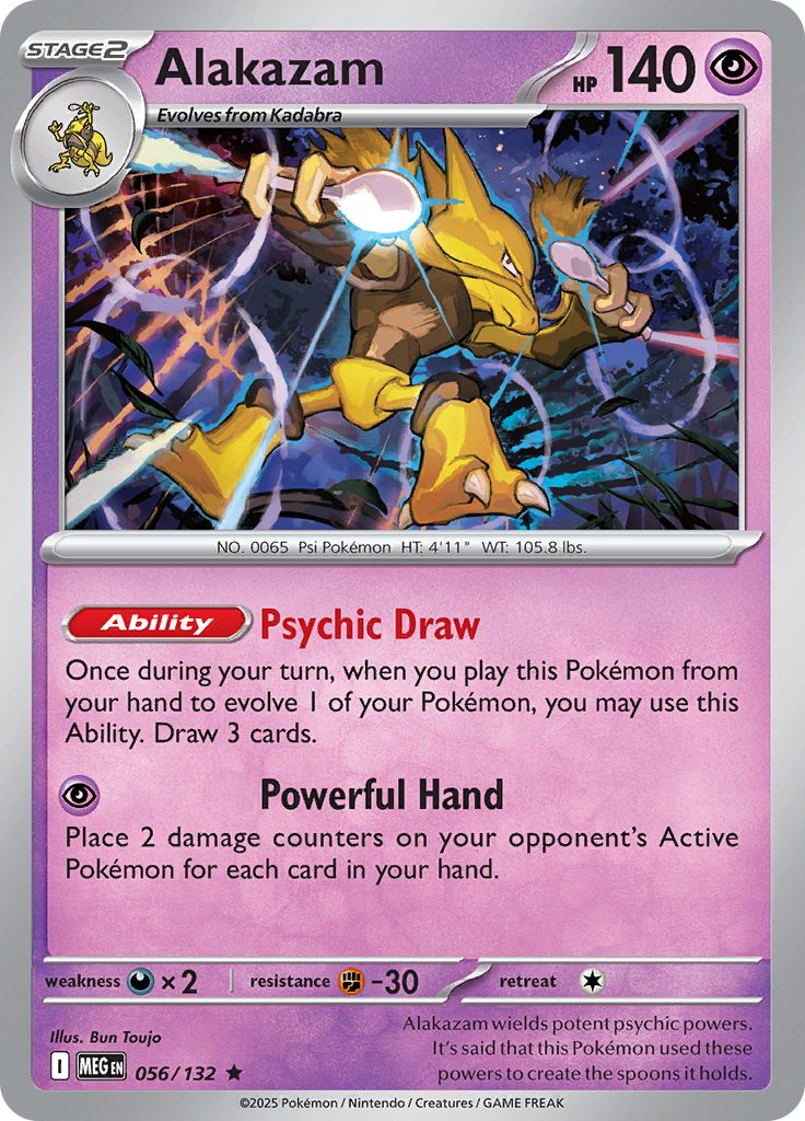 English Alakazam 056/132 from Mega Evolution, with Psychic Draw and Powerful Hand
